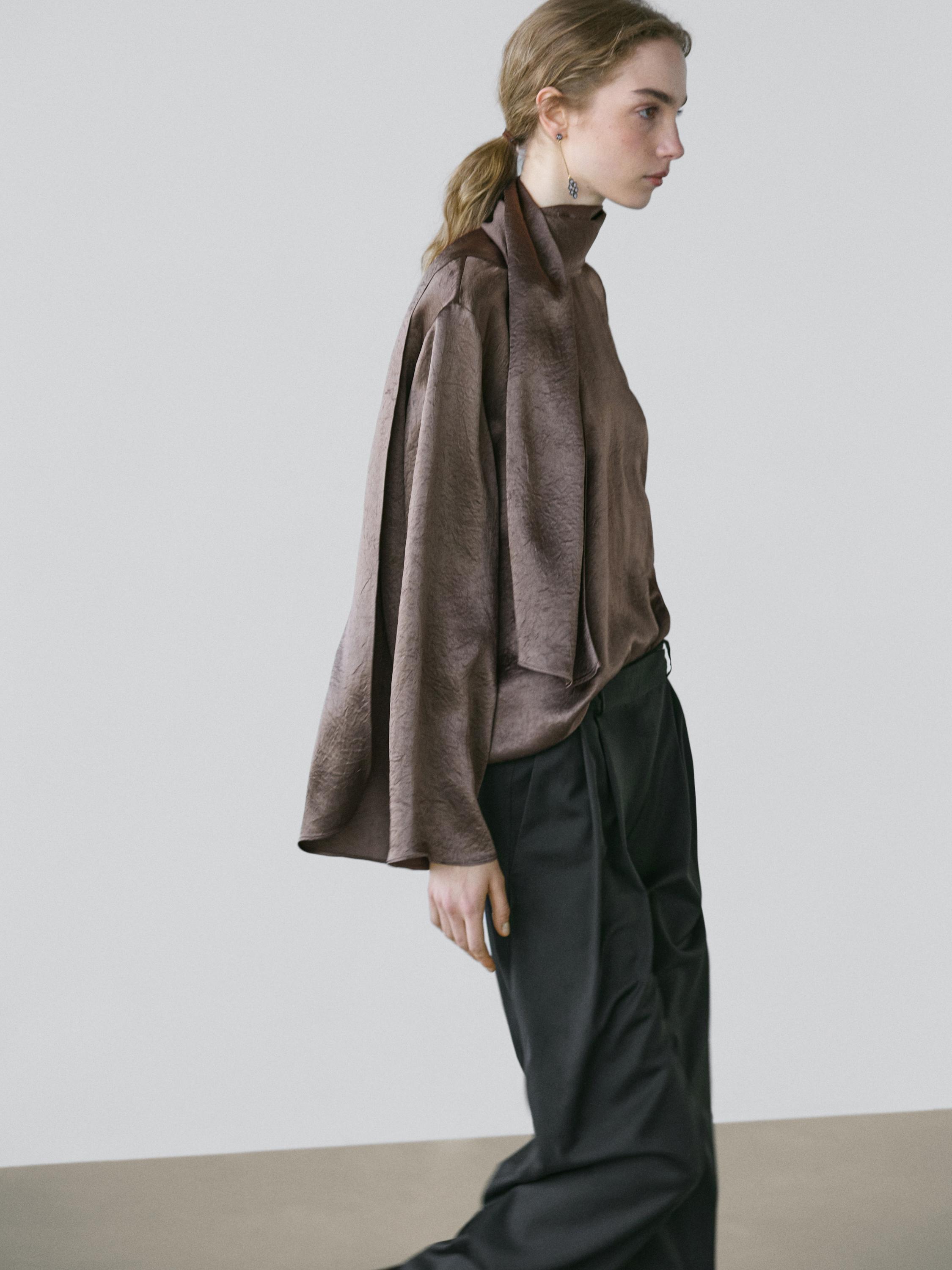 Flowing satin blouse with tie detail